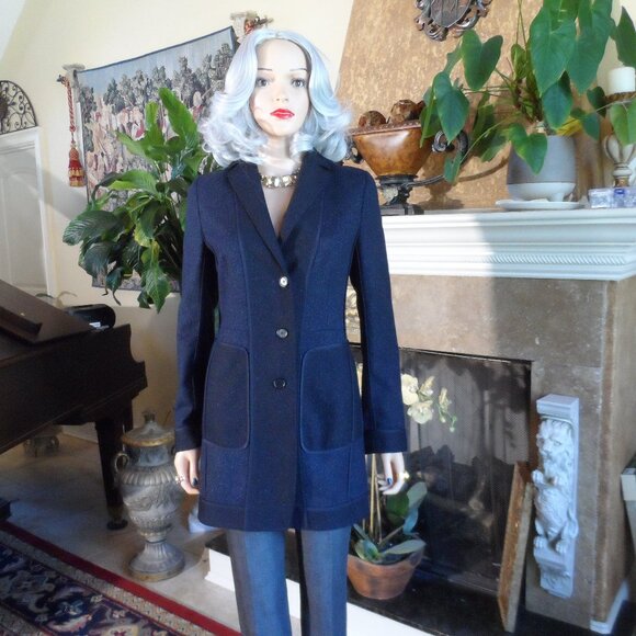 New Akris Punto Black & Blue Wool/Silk Blend Twill Pea Coat Size US 8 - Picture 1 of 16